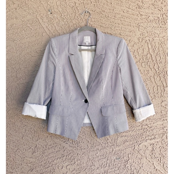 HALOGEN Blue & White Striped Pinstripe Stretch Cotton Suit Jacket Blazer - Picture 10 of 10